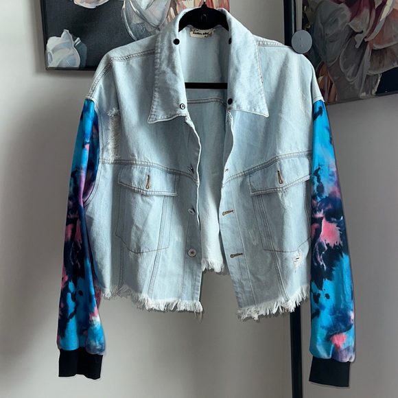 Southern Stitch Jackets & Blazers - Southern Stitch Denim Jacket with Vibrant Tie-Dye Sleeves